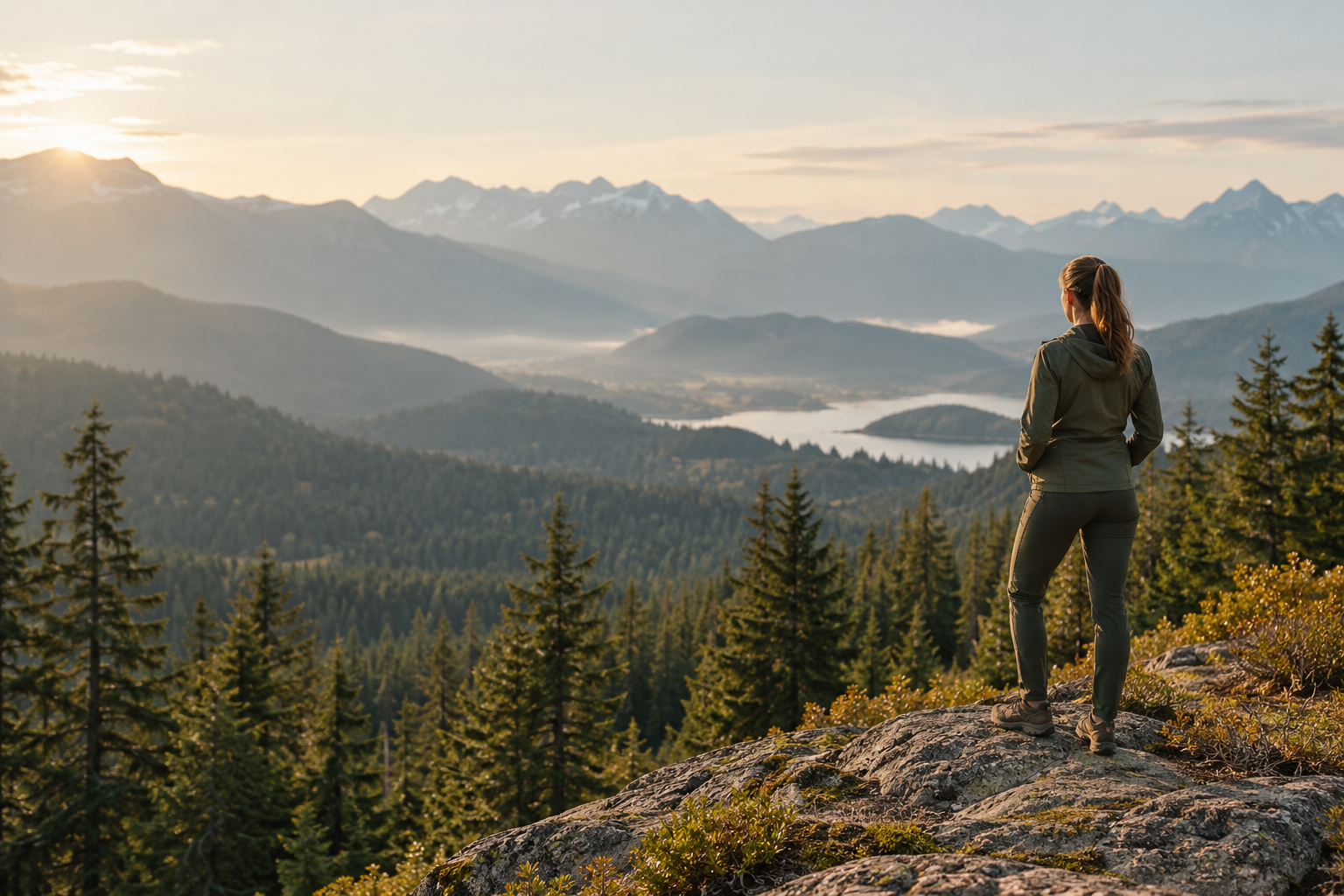 A woman looking out over a forest and mountain lake in the morning light